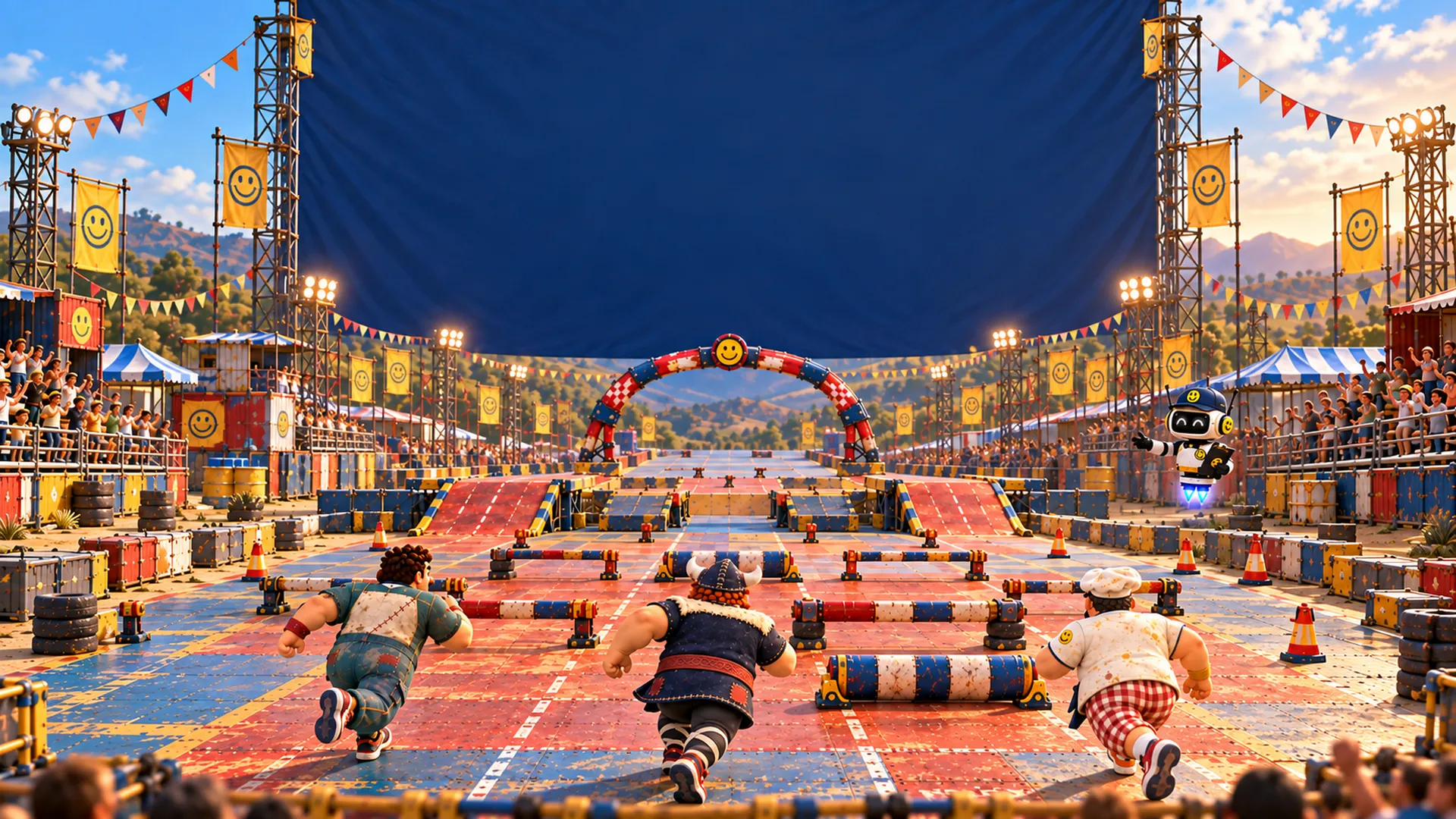 The festival arena: striped hurdles, smiley-face banners, and a crowd on cheap bleachers