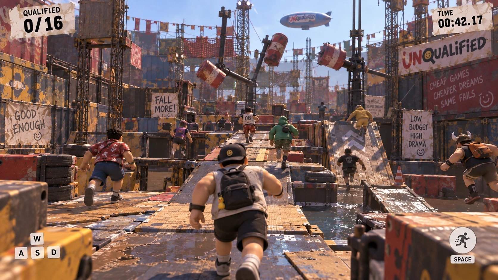 A chaotic obstacle race across shipping containers, wooden ramps, and swinging barrels