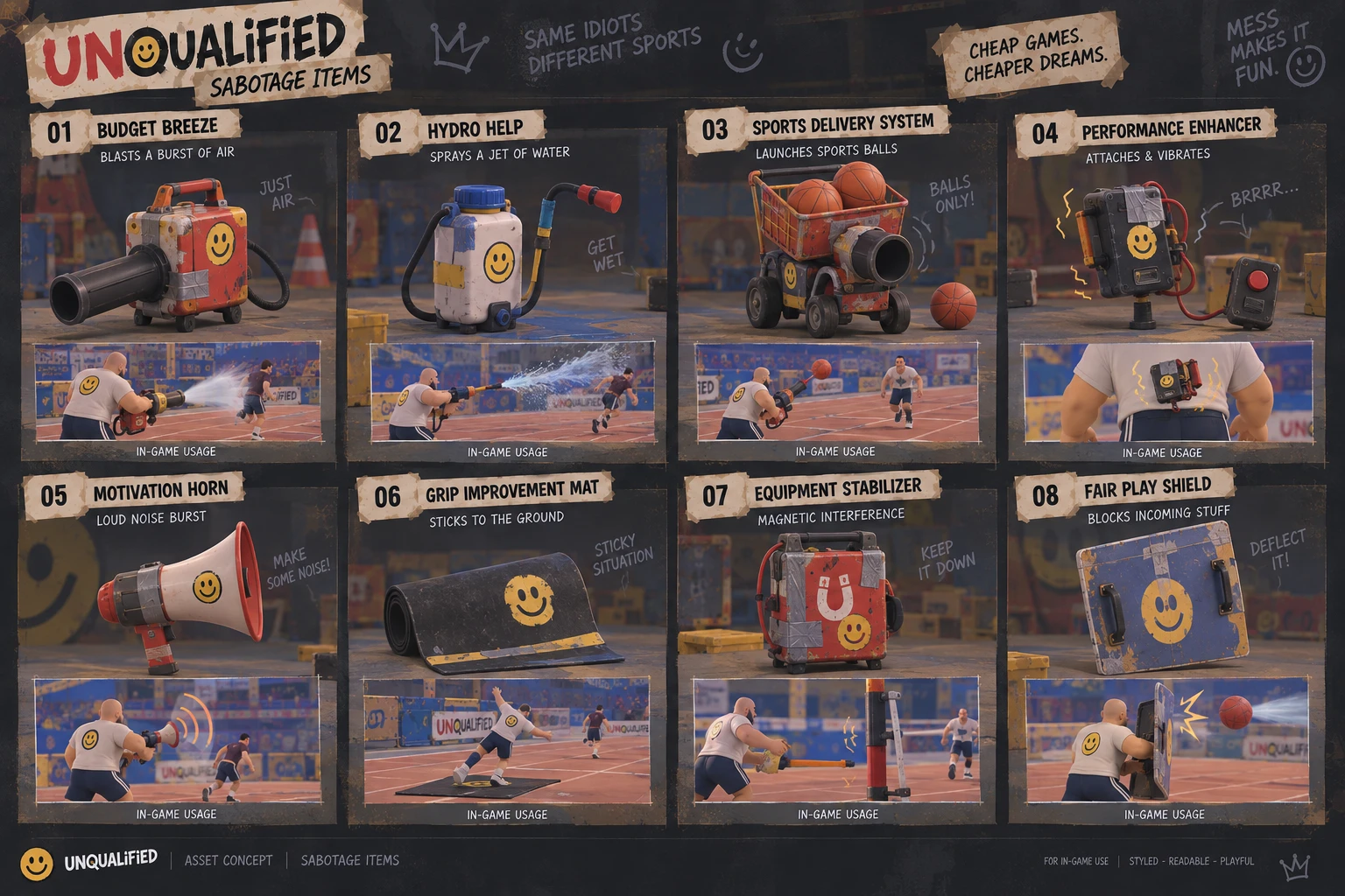 Concept sheet of eight sabotage items built from junk and duct tape, each with an in-game usage shot