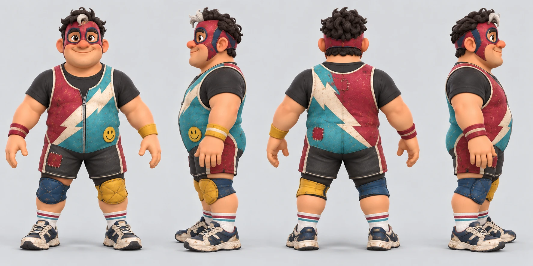 A stocky contestant in a red wrestling mask, patched singlet, and knee pads, shown from four angles